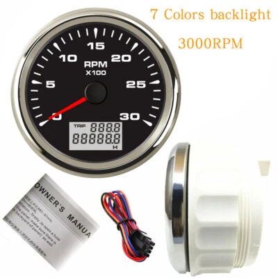 85mm 3-3/8" Tachometer 3000RPM Engine Rev Counter 7 Colors LED Waterproof Black - Image 1 of 4