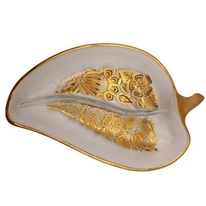 Georges Briard Clear Glass Floral Gold Leaf Candy Dish / Divide Dish Leaf Shape - Picture 1 of 4