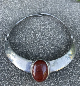 Vintage 70er Modernist ALEXIS KIRK matt silberfarben Halsband Halskette Cabochon - Bild 1 von 12