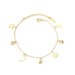 18k Gold Plated Moons, Stars and Zircon Gem Charm Bracelet - Picture 1 of 4