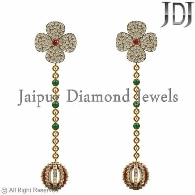 Pave White Diamond Emerald Ruby 14k Yellow Gold Floral Dangle Earrings Jewelry - Image 1 of 4