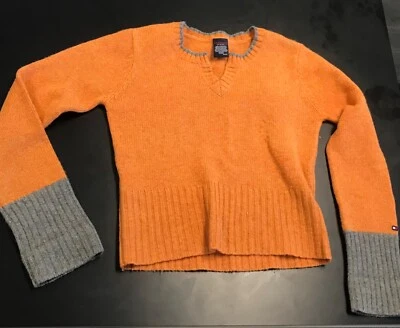 Suéter Tommy Jeans Naranja Gris Cuello en V Estilo Retro Tendencia Talla Mediana 100% Lana Foto 1 de 4