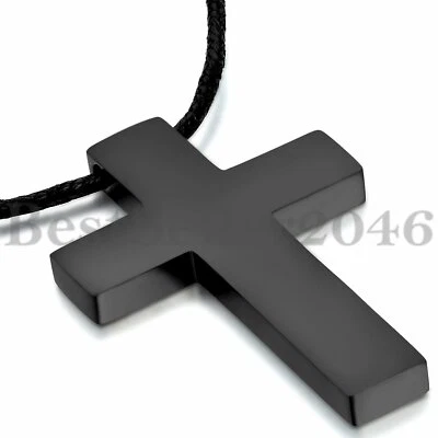 Hombres Mujeres Negro Acero Inoxidable Cruz Cristiana Trenzado Cordón Cadena Collar Ajustable Foto 1 de 4