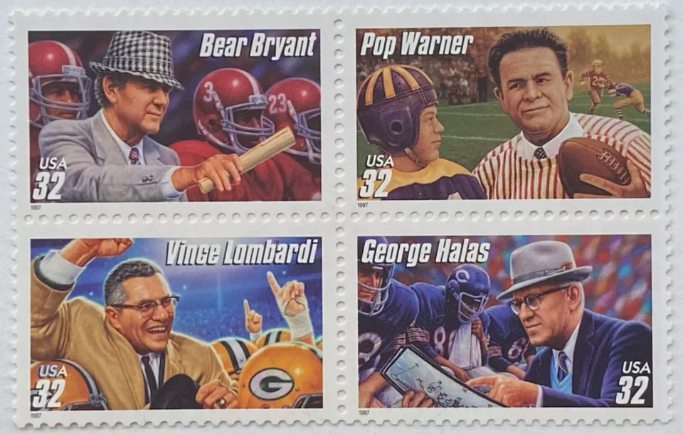 Scott#: 3143-3146 - Football Coaches Issue 4x32¢ 1997 AP Block of Four MNHOG - Image 1 of 1