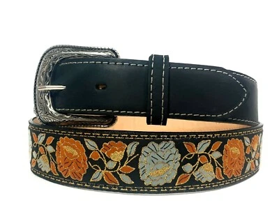 CINTURÓN VAQUERO WESTERN NEGRO MUJER FLORAL BORDADO CUERO GENUINO CINTURÓN RODEO Foto 1 de 4