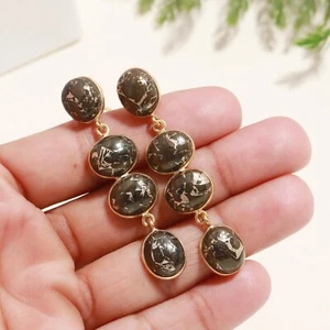 Black Copper Turquoise Gemstone Gold Tone 925 Sterling Silver Stud Earring 2" - Picture 1 of 4