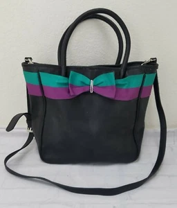 Mimosa Brand Women's Hand Bag Black Color Large Size Purple and Green Bow Cute! - Picture 1 of 11
