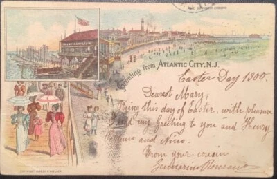 US1900 1c postal stationery chromo ppc card "GREETINGS ATLANTIC CITY N.J” Napoli - Image 1 of 4