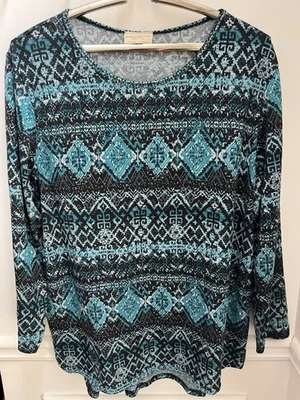 Vintage Bobbie Brooks Woman Green Blue & Black Light Knit Sweater Size 1X - Image 1 of 4
