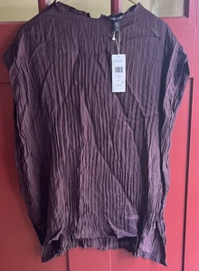 Eileen Fisher L Crushed Cupro Funnel Neck Top Pleated Sleeveless Minimal NWT - Picture 1 of 5