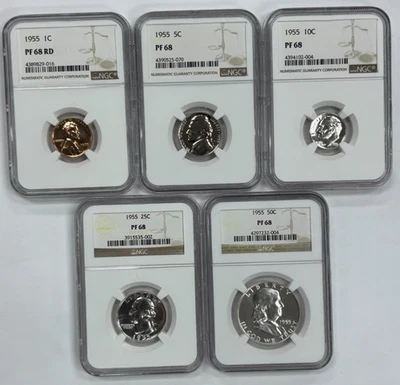 1955 1C, 5C, 10C, 25C, & 50C 5-piece Proof Set NGC PF 68 - Image 1 of 4