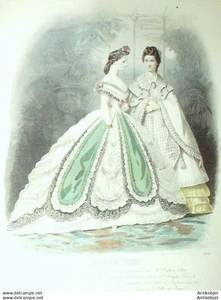 Gravure Modes Parisiennes 1863 # 1041 (aquarelle au pochoir) Old Fashion plate - Imagen 1 de 1