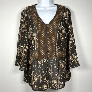 Vintage Y2K Boho Forest Fairy Top Womens 18W Bell Sleeve Paisley Floral Brown - Picture 1 of 12