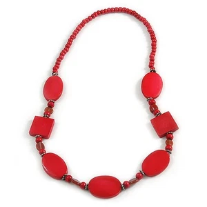Red Oval/ Square Wooden and Glass Beads Necklace - 64cm Long - Picture 1 of 4