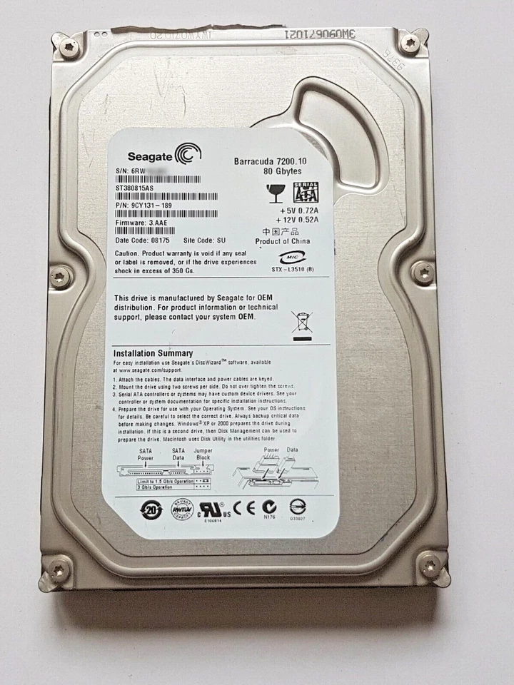 80 GB SATA Seagate barracuda 7200.10 ST380815AS 8MB HDD 3.5 " Hard Drive - Image 1 of 1