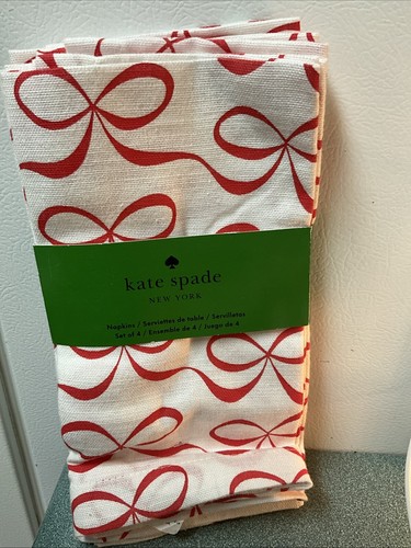 Set 4 Tovaglioli Kate Spade Cotone Fiocchi Rossi su Bianco Eleganti Natale Nuovi