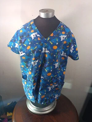 Zikit Medical Scrub Halloween Women's Large Multicolor Ghosts Pumpkin Witch - Image 1 of 4