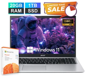 Acer Aspire Laptop Computer 15.6" Intel Celeron, 20GB RAM 1TB SSD, Open Box - Afbeelding 1 van 10