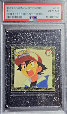 PSA 10 1999 Pokemon Stickers ~ Ash ~ ArtBox ~ Series 1 Rare Gold #G17 - Image 1 of 2