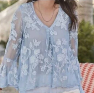 Sundance M 100% Silk Sheer Embroidered Bell Sleeve Top Baby Blue Floral Peasant - Picture 1 of 10