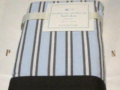 Falda Cuna POTTERY BARN NIÑOS Bebé Falda Cama Mono Ver Rayas Marrón Azul 16" Gota Foto 1 de 3