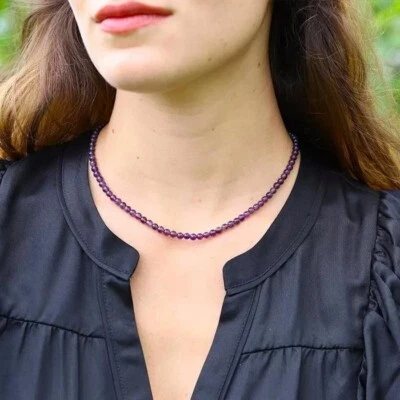 Natural Amethyst Beaded 3mm Necklace Purple Stone Choker Healing Crystal Gift - Image 1 of 4