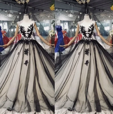 Gothic Black Wedding Dresses V-Neck Sweep Train A-Line Lace Applique Bridal Gown - Image 1 of 4