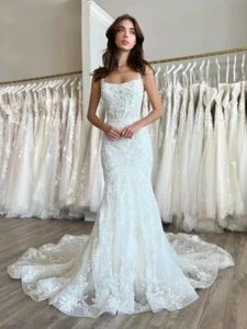 3D Floral Lace Mermaid Wedding Dresses Square Collar Sleeveless Bridal Beading - Picture 1 of 7