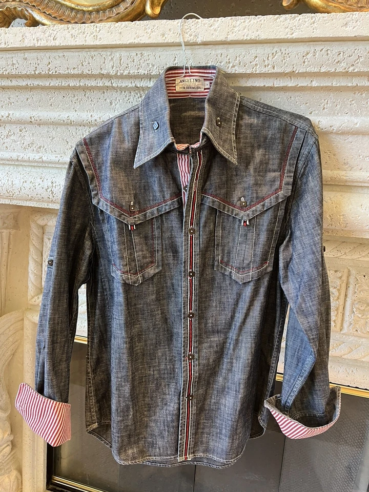 Nueva Camisa Denim Angelino Bermuda con Exquisitos Detalles M Mediana Foto 1 de 4