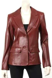 Women's Burgundy Pure Lambskin Leather Blazer Two Button Jacket Casual Suit Coat - Picture 1 of 10