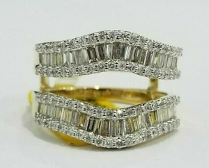 Yellow Gold Plated Solitaire Enhancer Wedding Ring Guard Wrap Baguette Silver - Picture 1 of 7