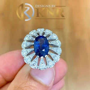 14K WHITE GOLD OVAL CUT SAPPHIRE AND DIAMONDS ENGAGEMENT RING BRIDAL HALO 2.00CT - Picture 1 of 11