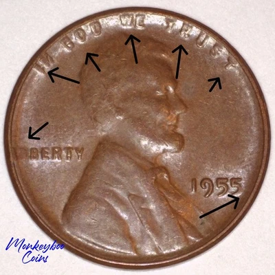 1955 Lincoln Wheat Cent - Design Devouring Die Deterioration -LDS Poor Man's DDO - Image 1 of 4