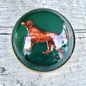 Vintage Kuppel Glas Irish Setter Jagdhund Brosche grün Rückseite Intaglio Stil - Bild 1 von 7