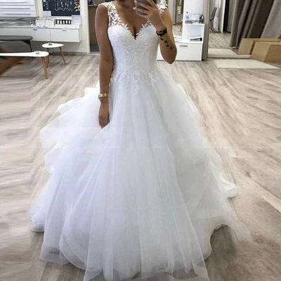Beach Simple Lace Appliques Wedding Dresses V Neck Princess Bridal Gowns Custom - Image 1 of 4