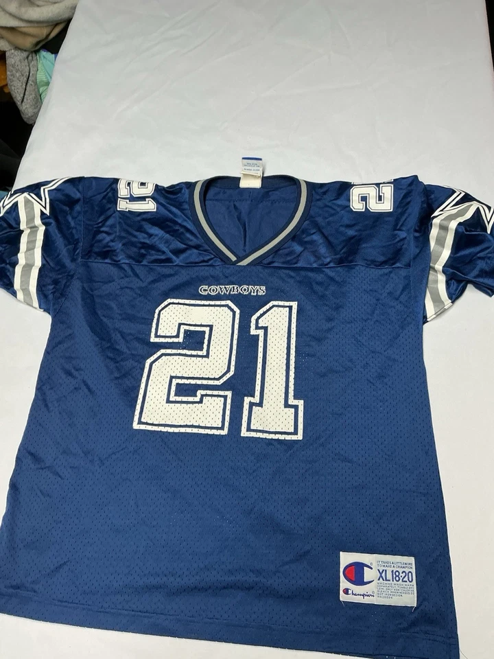 冠军达拉斯牛仔 Deion Sanders #21 蓝色球衣复古青少年 XL 18-20 — 第 1/4 张图片