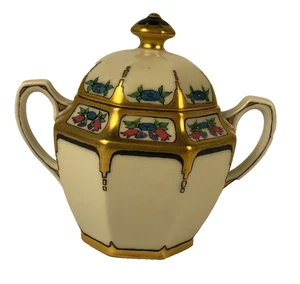 Zweihenkel Schale mit Deckel Bavaria Floral Gold Signiert Wolfe Merle Hackney - Bild 1 von 8
