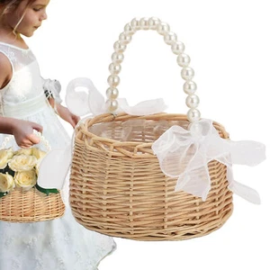 1x Woven Basket Wicker with Pearl Handle for weddings Storage Easter Flowers - Picture 1 of 14