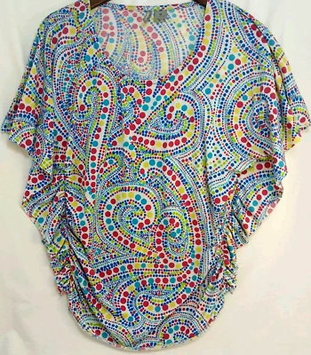 New Directions Top M Paisley Polka Dot Ruffle Sleeve Stretch Sides Boho Tee - Image 1 of 4