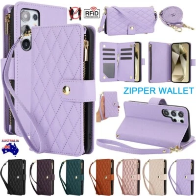 For Samsung S21 Ultra S20 FE S24 Plus S23 Zip Wallet Case Flip Leather Cover - Image 1 of 4