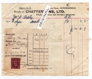 COMMERCIAL SECURITY OVERPRINTS CHATTERTONS GEORGE VI RECEIPT HUDDERSFIELD - Picture 1 of 2