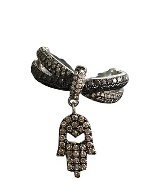 RARITIES Sterling Silver Diamond & Black Spinel Hamsa Hand God Charm Ring 8 - Image 1 of 4