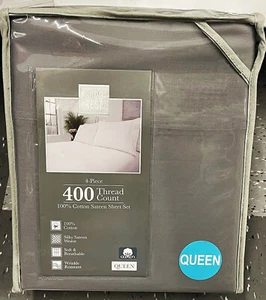 Queen Wrinkle Resistant Sheet Set 400TC Grey 100% Cotton Sateen Free Shipping - Picture 1 of 4