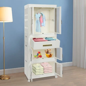 4-tiers Wardrobe Closet Floor Standing Clothes Cabinet Organizer with 4* Pulleys - Picture 1 of 13