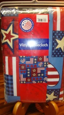 PATRIOTIC DECOR Vinyl Tablecloth 52"x90" PATRIOTIC STARS~Red, White, Blue    K17 - Image 1 of 2