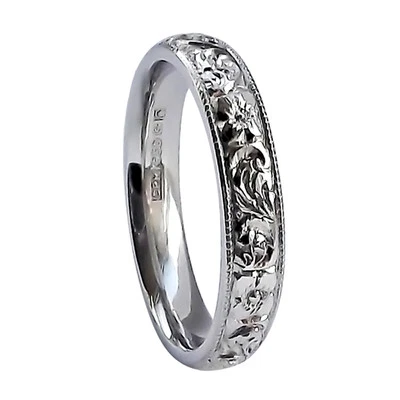 3Mm 950 Platin Handgravierte Trauringe Mit Blumen Und Scrolls Gericht UK HM 5,2G - Bild 1 von 4