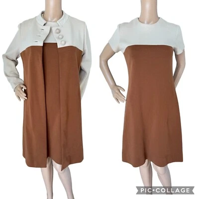 Conjunto Traje VESTIDO Abrigo Vintage Años 50 60 Bloque de Color Beige Marrón Óxido Mod S M Foto 1 de 4