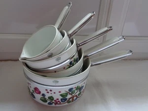 SERIE DE 5 CASSEROLES PORCELAINE FRUGIER ALUMINITE LIMOGES DECOR FEUILLAGES - Picture 1 of 2