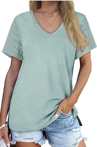 WIHOLL Womens Lace Short Sleeve V Neck T Shirt/Tee w/Side Split XXL Light Blue - Picture 1 of 5