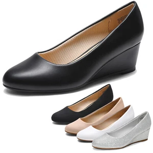Women Office Work Pump Shoes Low Wedge Close Round Toe Dress Shoes - Picture 1 of 16